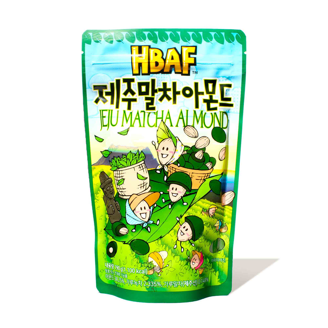 A green and blue HBAF bag with cartoon characters on it, featuring HBAF Korean Style Almonds: Jeju Island Matcha snacks.