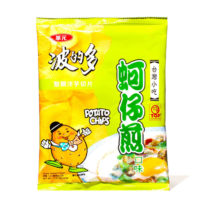 A bag of Hwa Yuan Potato Chips: Taiwan Oyster Omelette with a cartoon character on it.