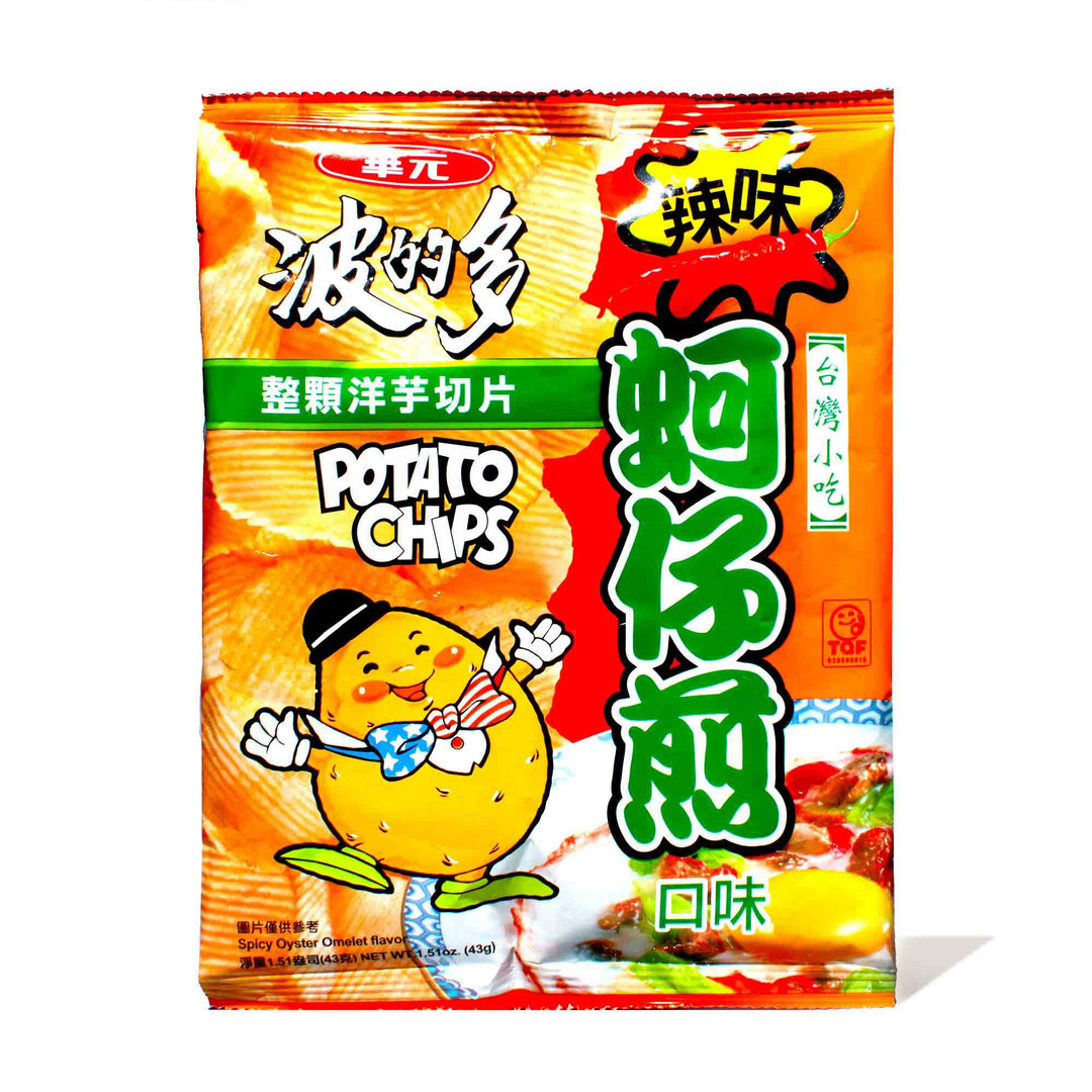 A bag of Hwa Yuan Potato Chips: Taiwan Spicy Oyster Omelette with chinese characters on it.