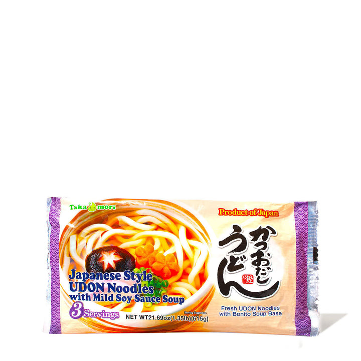 Takamori Udon with Bonito Dashi Broth (3 Servings) by Takamori, Japanese noodle soup with noodles on a white background.