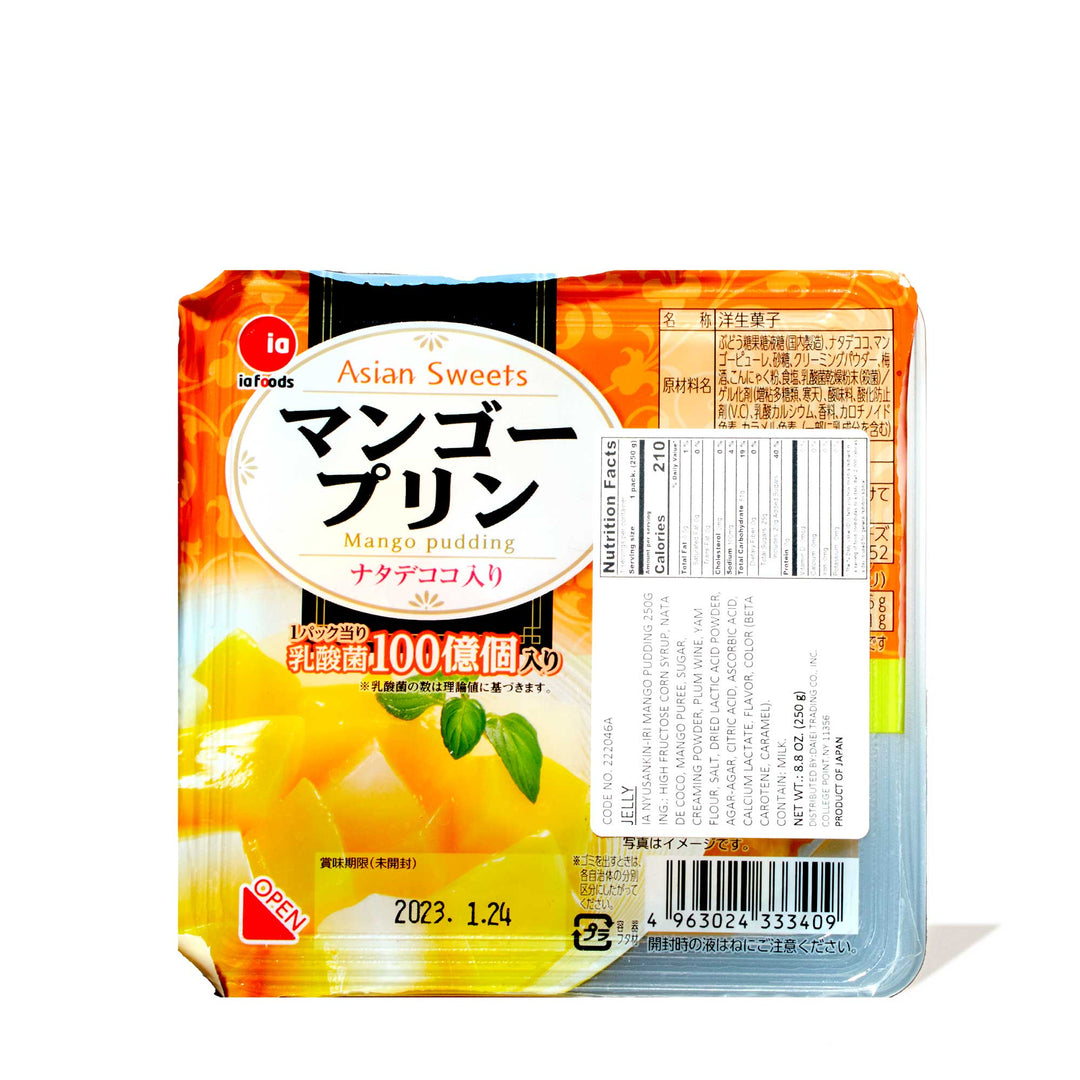 A packet of IA Foods Mango Pudding with Japanese text.