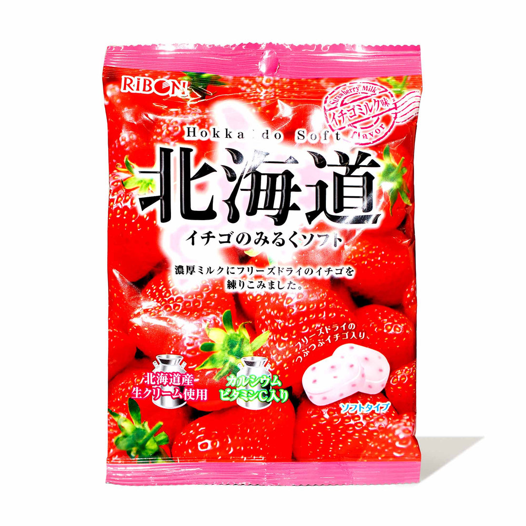 A bag of Ribon Strawberry Hokkaido Milk Candy with japanese writing on it.