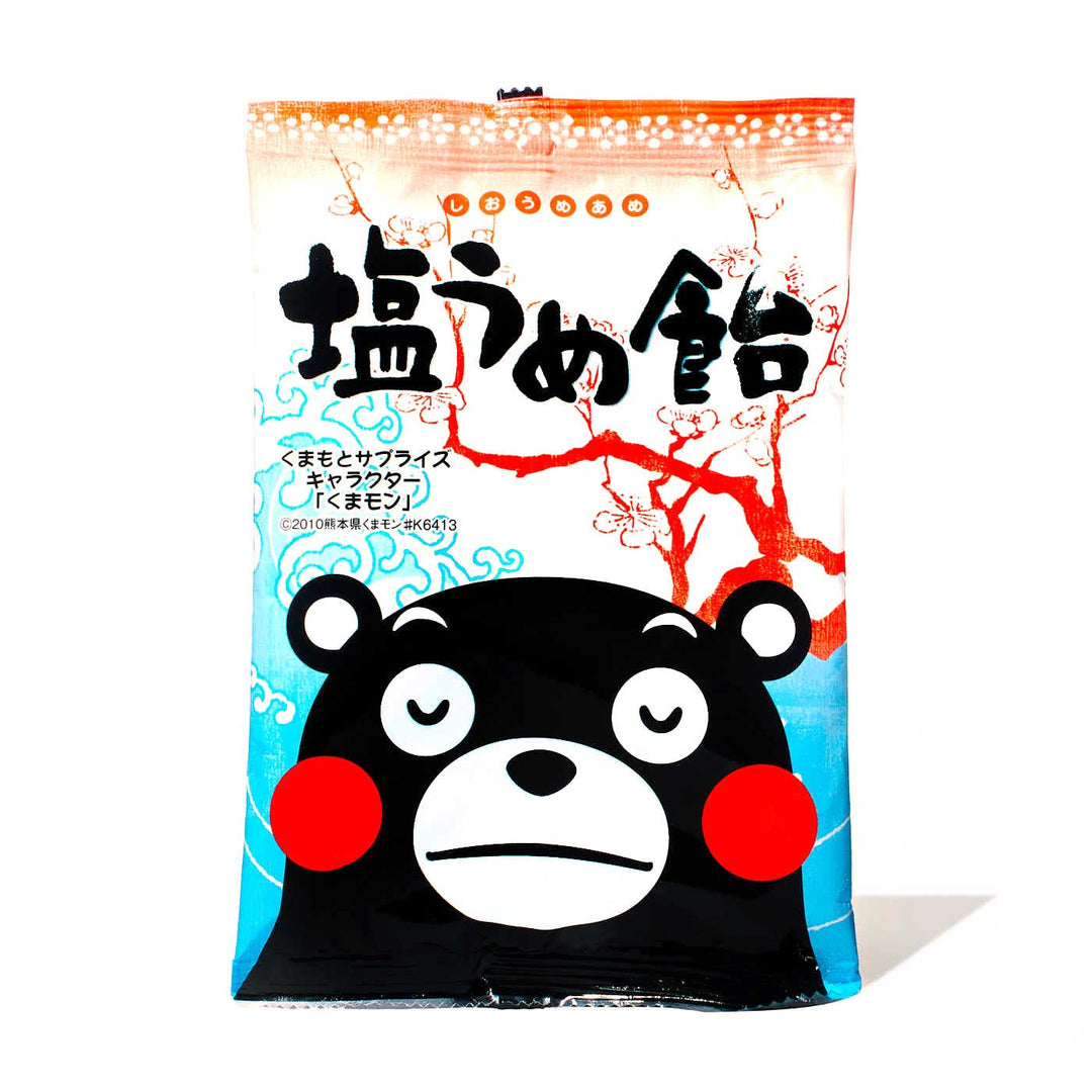 A bag of Ohkura Kumamon Candy: Salt & Plum with a black bear on it.