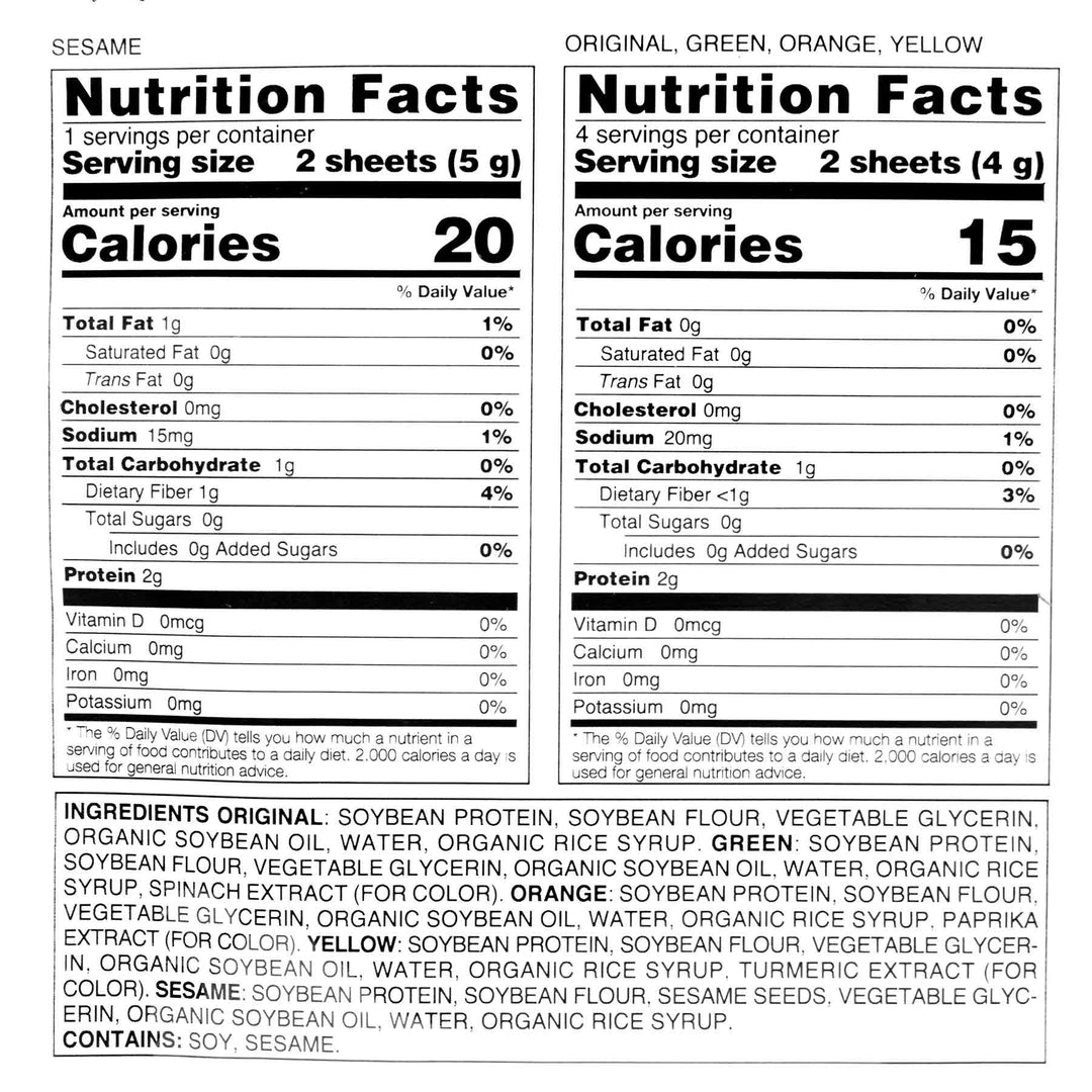 A nutrition label for Yamamotoyama Assorted Soy Sushi Wraps (10 Half-Sheets).