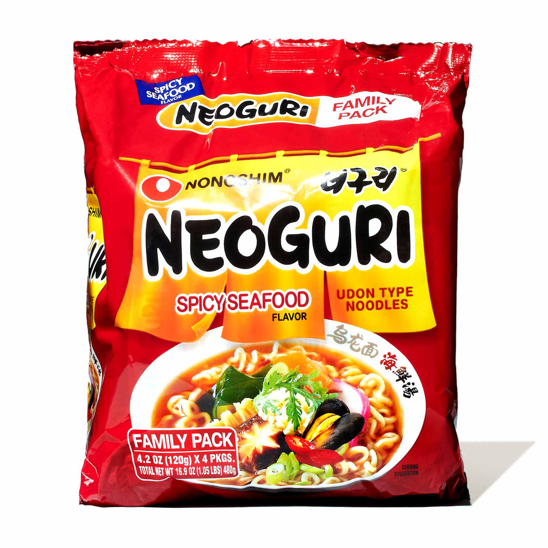 A bag of Nongshim Neoguri Spicy Seafood Udon (4-pack) noodles on a white background.