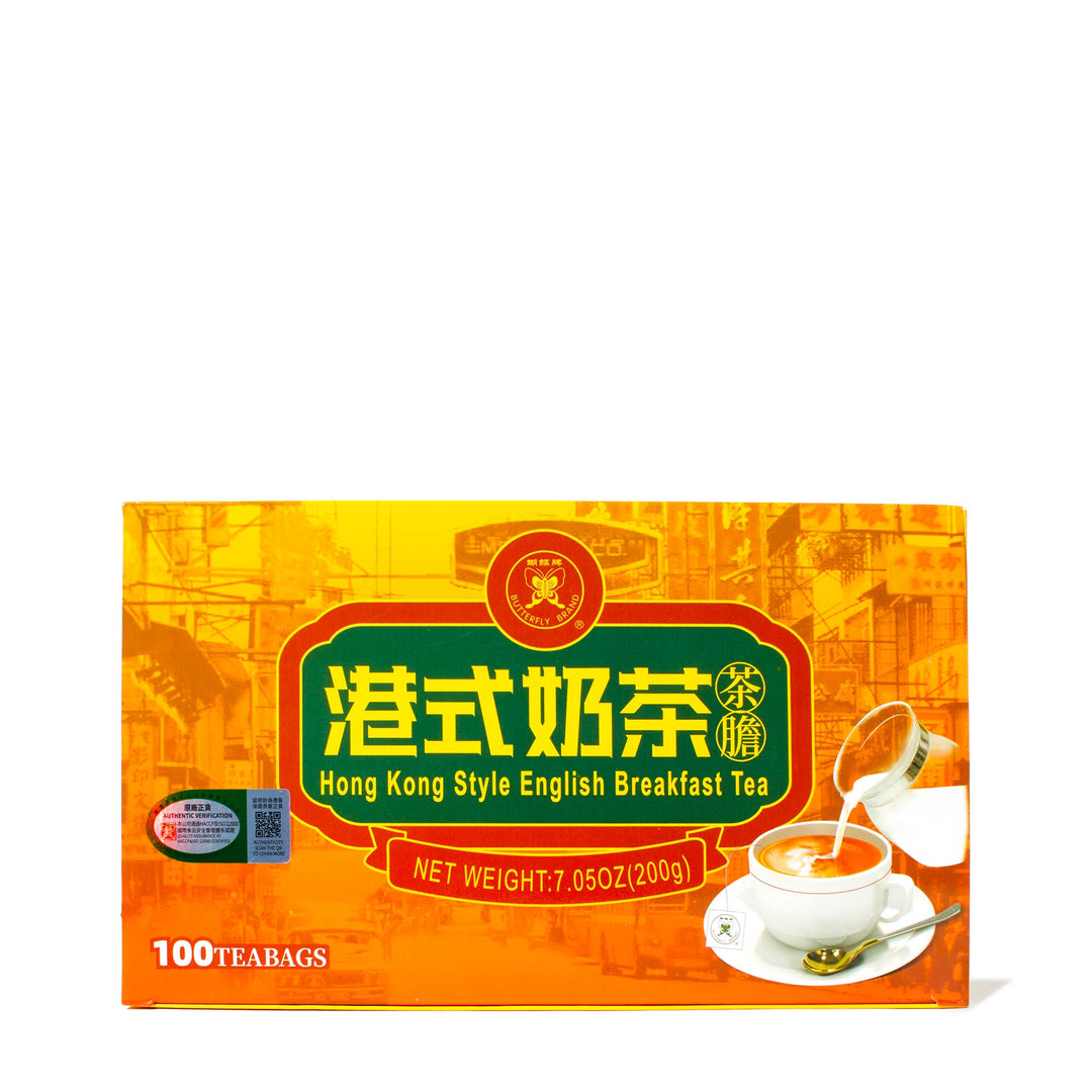 A box of Butterfly Hong Kong Style Breakfast Tea (100 bags) with a cup of tea.