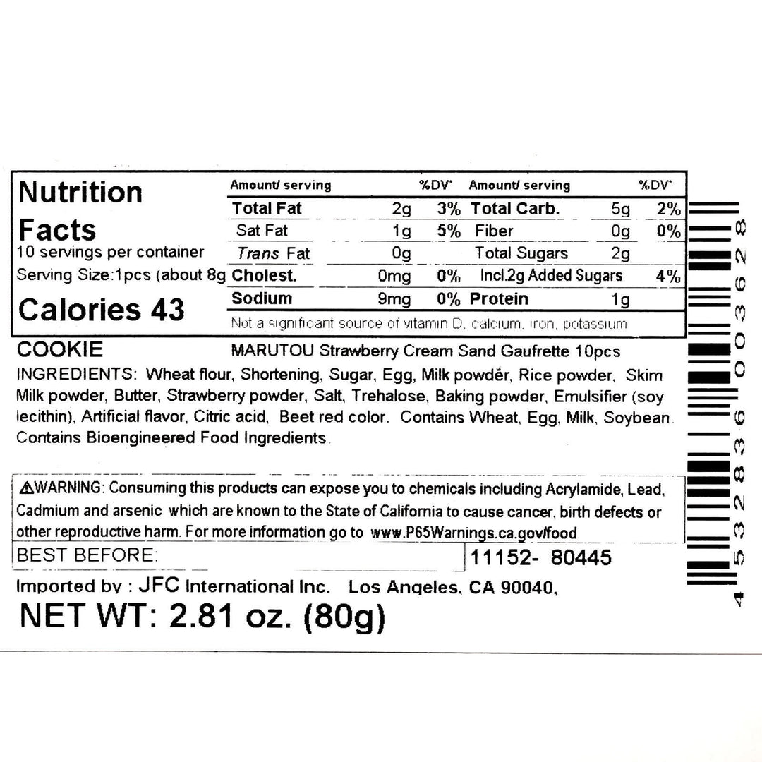 A nutrition label for Marutou Gaufrette Cream Sandwiches: Strawberry (10 pieces) brand.