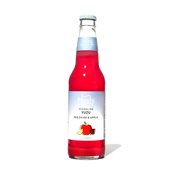 A bottle of Moshi Sparkling Juice Drink: Yuzu, Red Shiso & Apple on a white background.