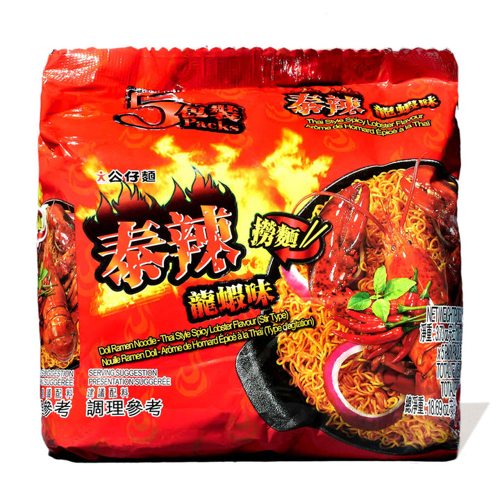 A bag of Doll Gongzai Instant Noodles: Thai Spicy Lobster (5-pack) with fire on it.