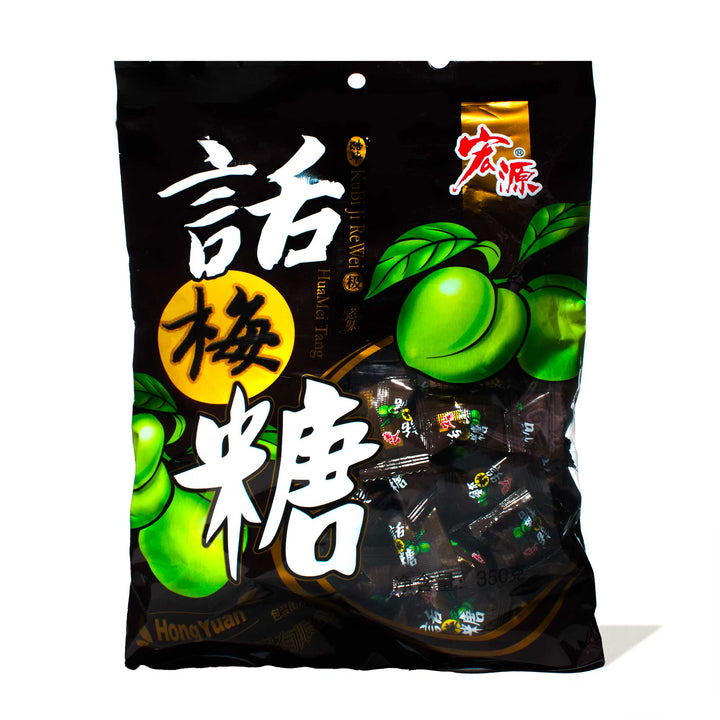 A bag of Hongyuan Huamei Sour Plum Candy with chinese writing on it.
