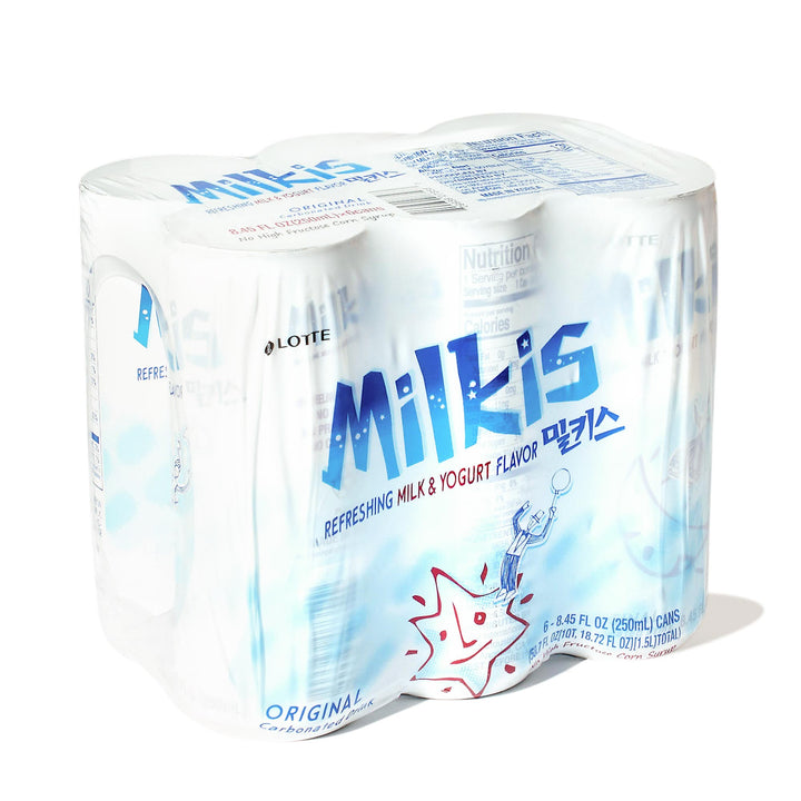 A carton of Lotte Milkis Soft Drink: Original (6-pack)'s iced tea on a white background.