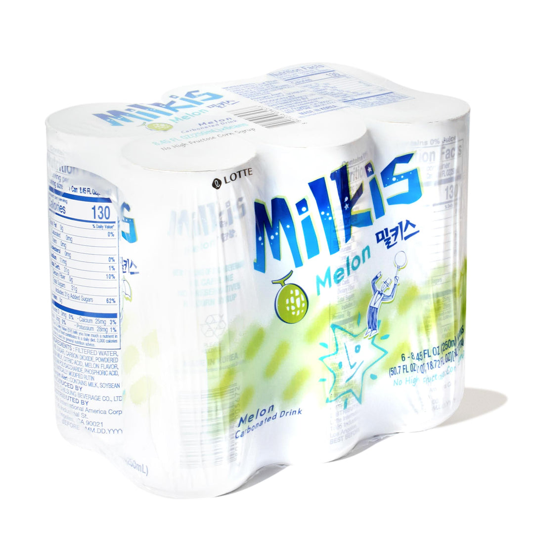 A carton of Lotte Milkis Soft Drink: Melon (6-pack) with a white background.
