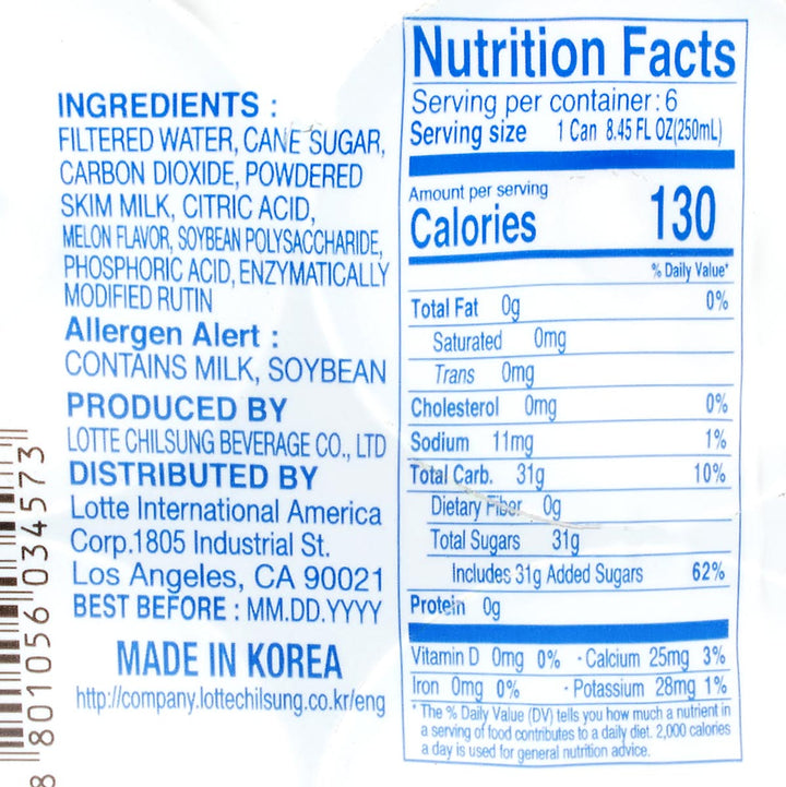 The nutrition facts label for Lotte Milkis Soft Drink: Melon (6-pack).