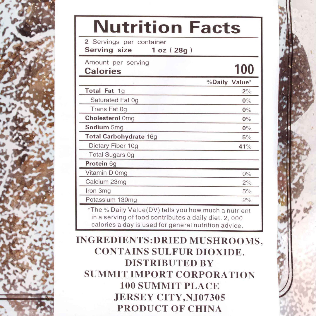 A label showing the nutrition facts of Yu Yee Dried Mushrooms by Yu Yee.
