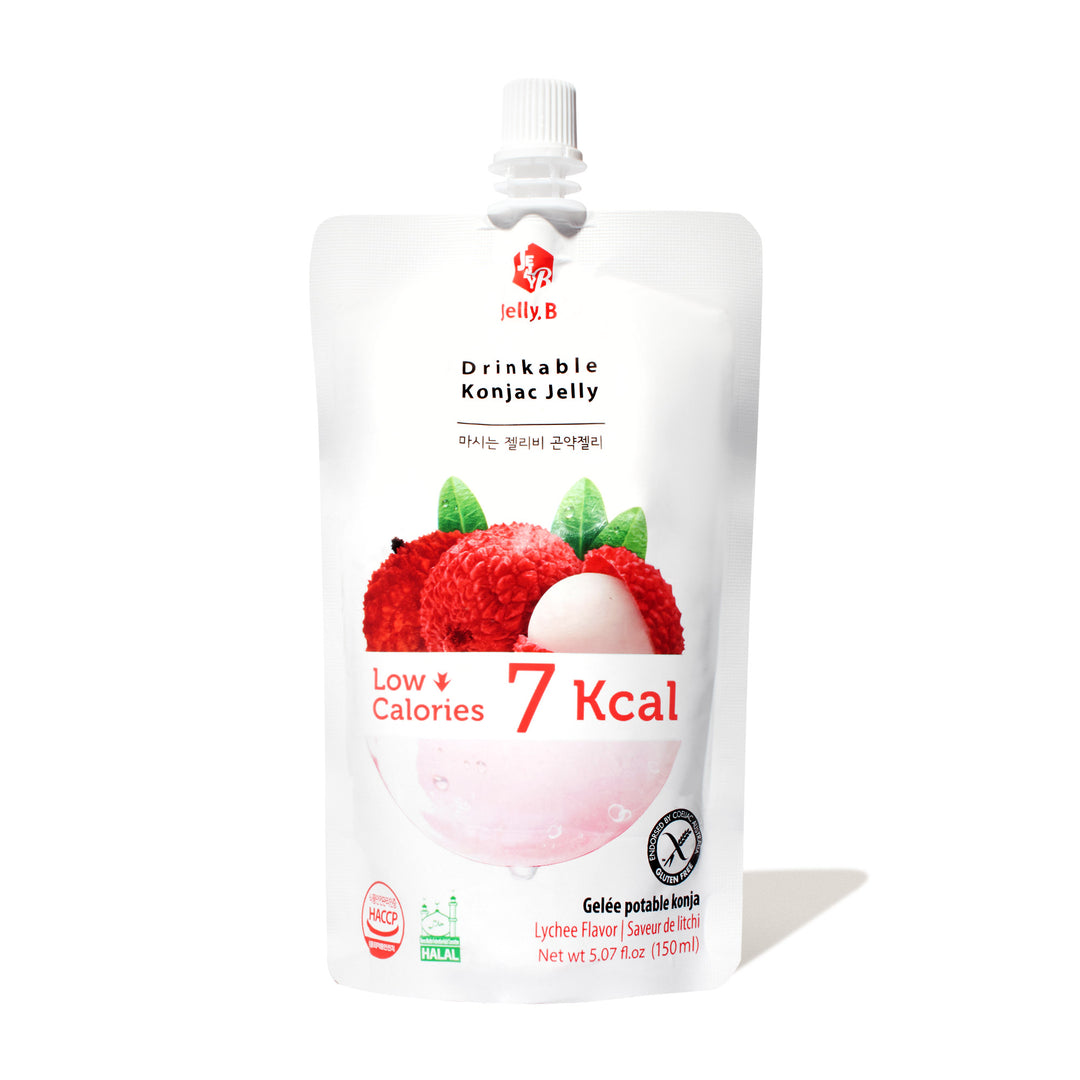 A pouch of Jelly.B Low Calorie Drinkable Konjac Jelly: Lychee with a white background.