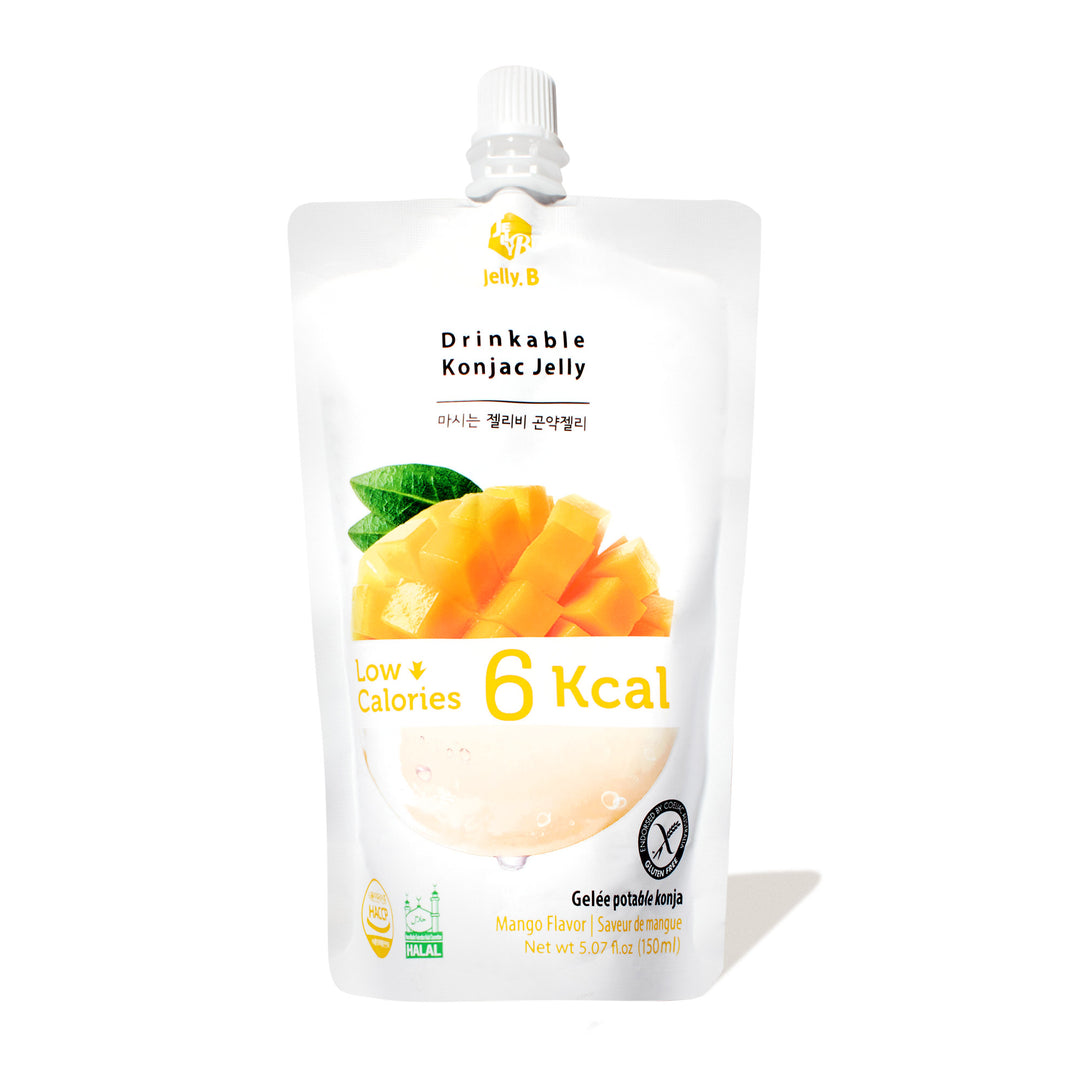 A pouch of Jelly.B Low Calorie Drinkable Konjac Jelly: Mango with a label on it.