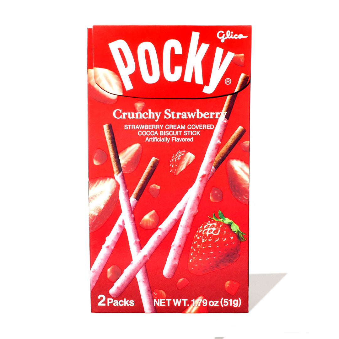 A box of Glico Pocky: Crunchy Strawberry sticks on a white background.