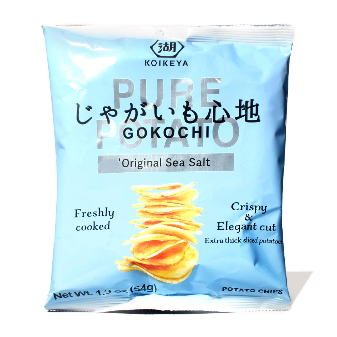 A bag of Koikeya Thick-Cut Potato Chips: Rock Salt on a white background.