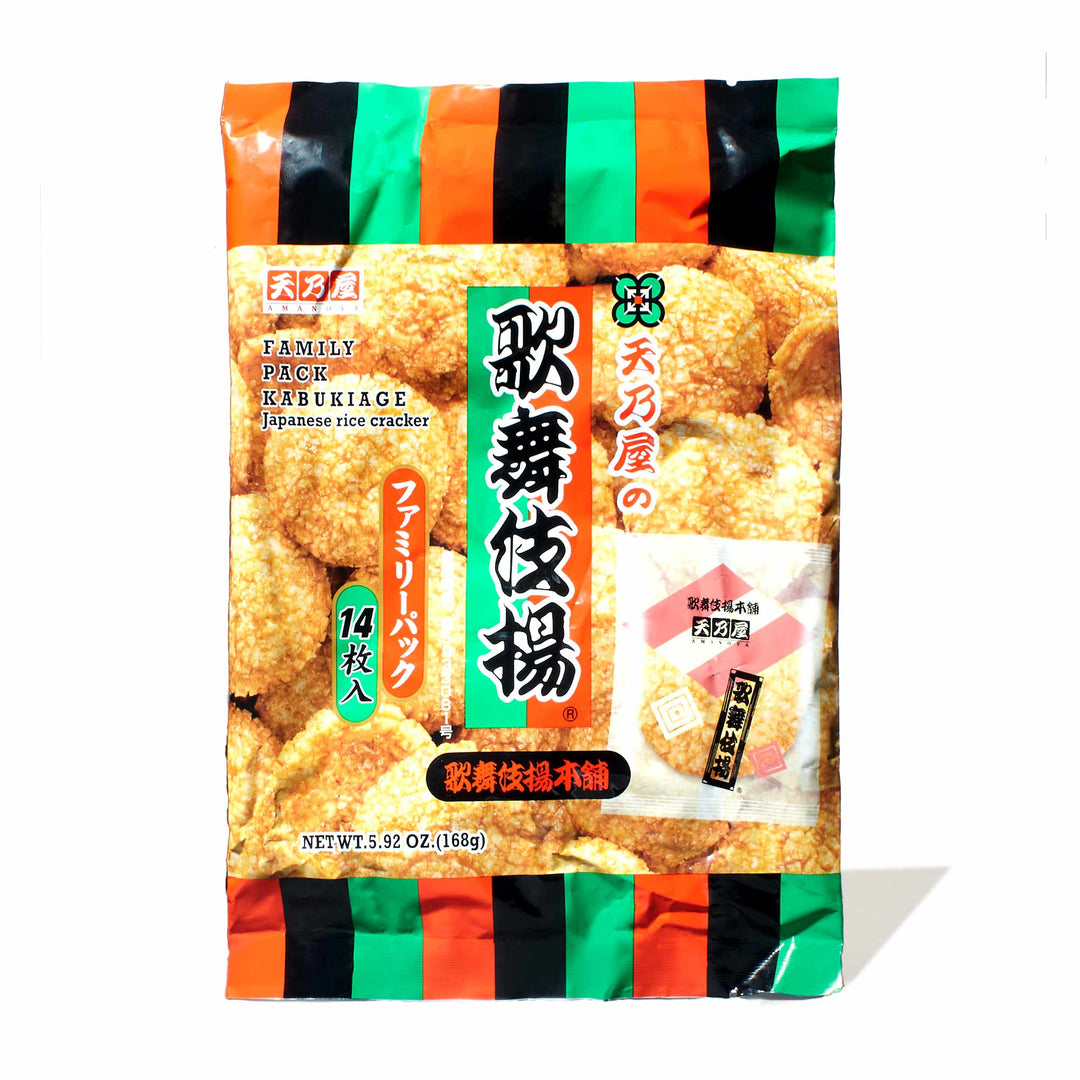 A bag of Amanoya Kabuki Age Rice Crackers (14 pieces) on a white background.