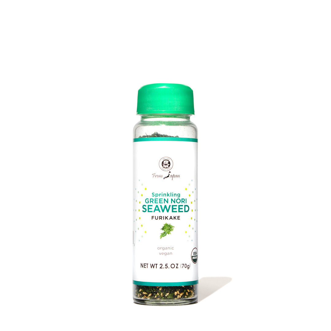 A bottle of Muso Organic Nori Seaweed Furikake on a white background.