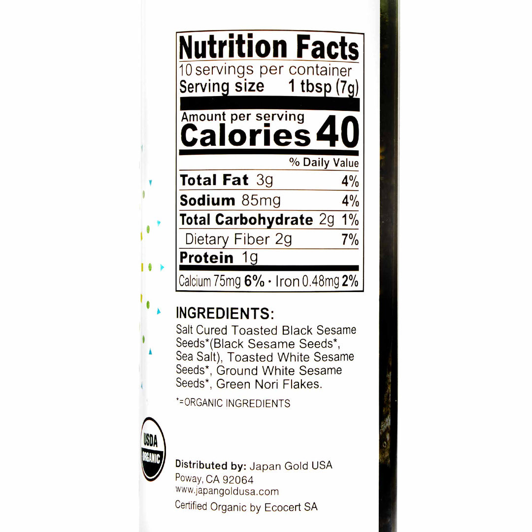 A label showing the nutrition facts of Muso Organic Nori Seaweed Furikake by Muso.