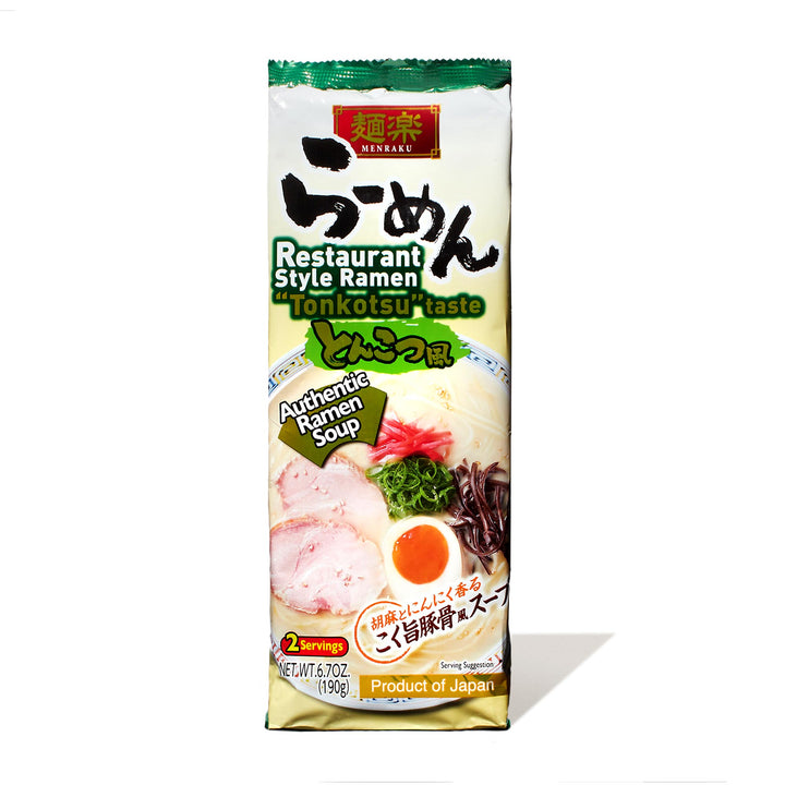 A package of Hikari Menraku Ramen: White & Creamy Tonkotsu (2 Servings) on a white background.