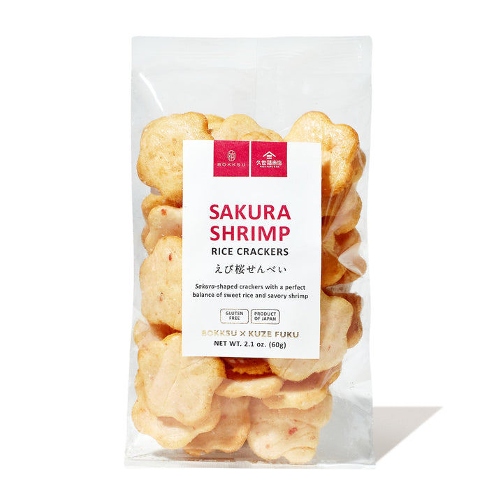 A bag of Bokksu × Kuze Fuku Sakura Shrimp Rice Crackers on a white background.