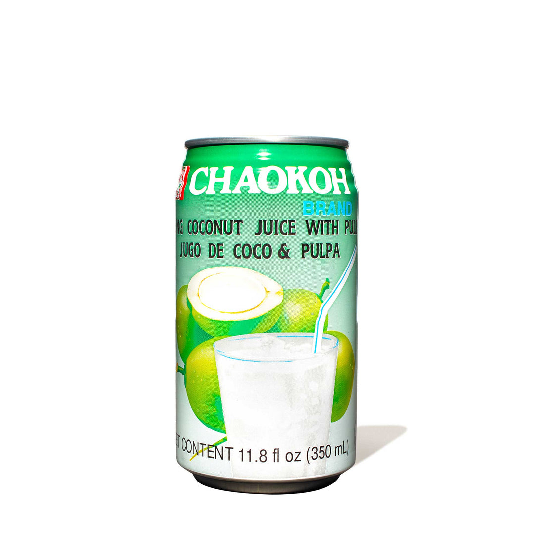 A can of Chaokoh Coconut Juice with Pulp on a white background.