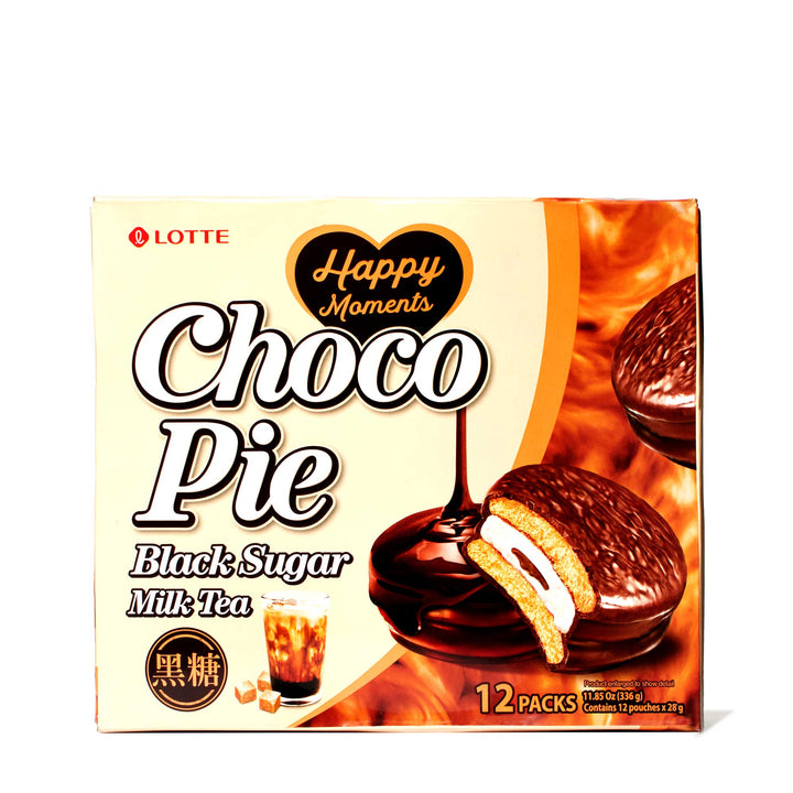 A box of Lotte Choco Pie: Black Sugar Milk Tea (12 pieces) on a white background.