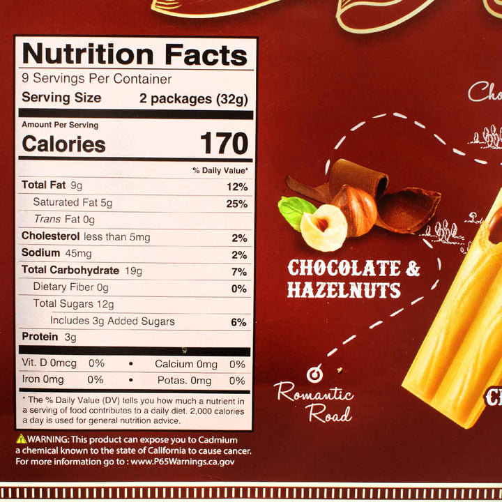 A box of Crown Choco Heim Wafers: Choco Hazelnut bars with nutrition facts.