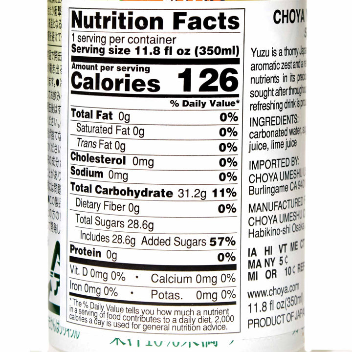 A label showing the nutritional facts of the Choya Sparkling Yuzu Drink by Choya.