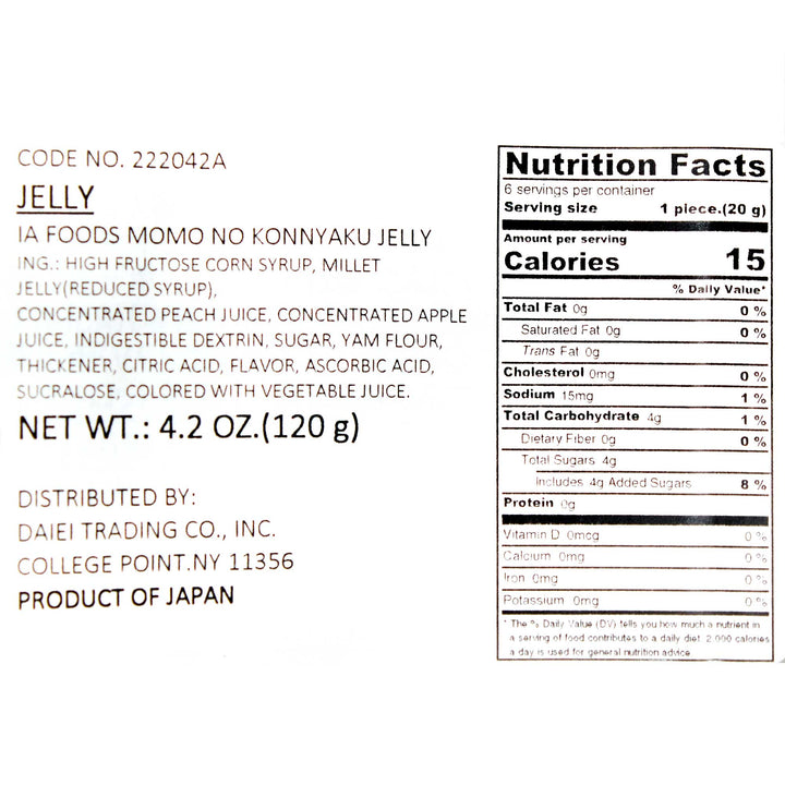 An IA Foods Konjac Almond Jelly: White Peach label.