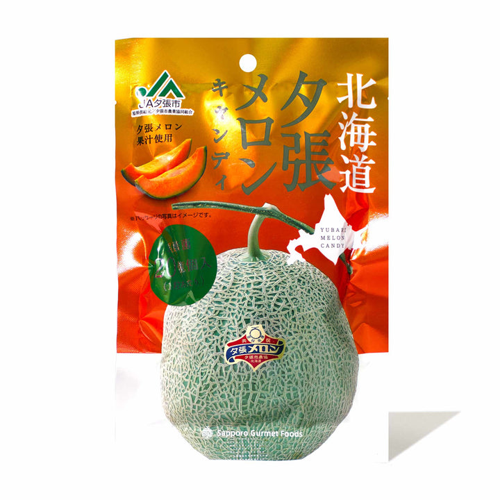 A packet of Sapporo Gourmet Foods Hokkaido Melon Candy with chinese writing on it.