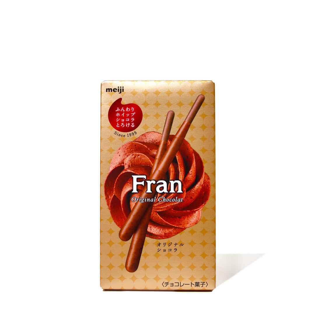 A box of Meiji Fran Baked Biscuit Cookies: Original Chocolate with chopsticks on top.
