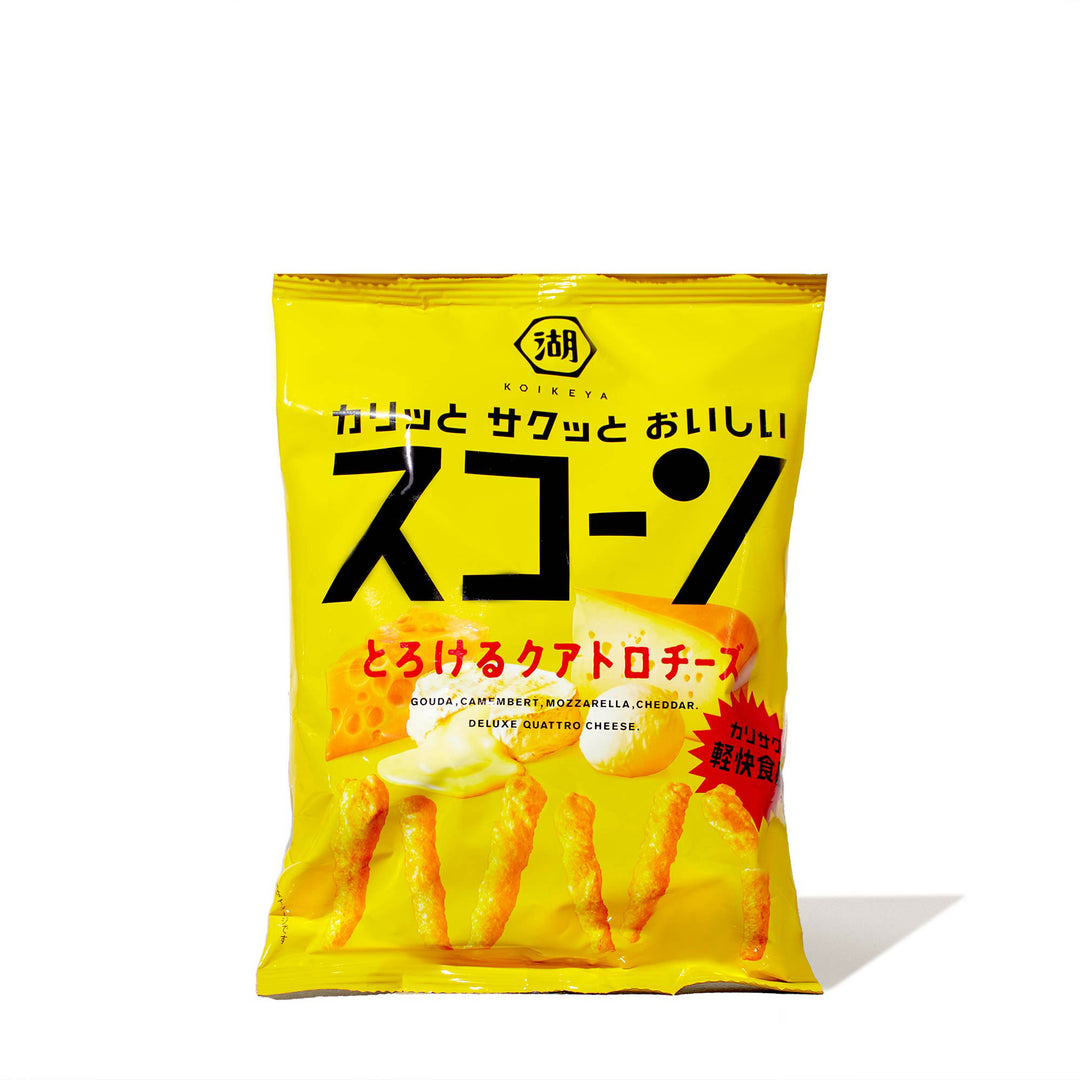 A bag of Koikeya Scorn Corn Puffs: Melting Quattro Cheese on a white background.