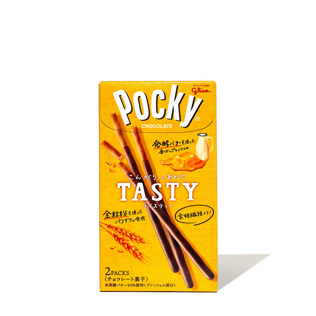A box of Glico Pocky: Tasty Chocolate with Cultured Butter sticks on a white background.
