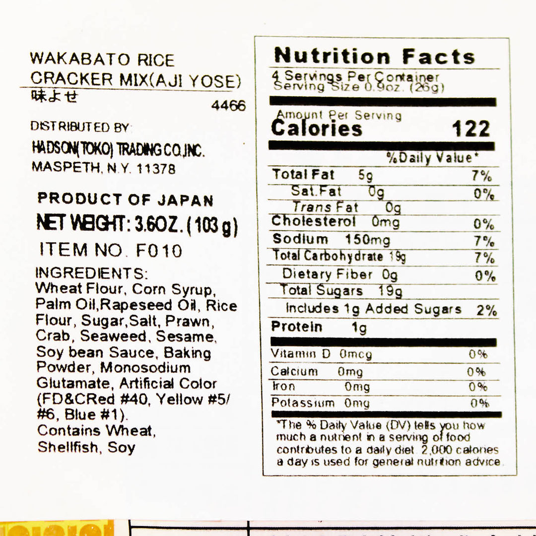 A nutrition label for Wakabato Aji Yose Assorted Rice Crackers.