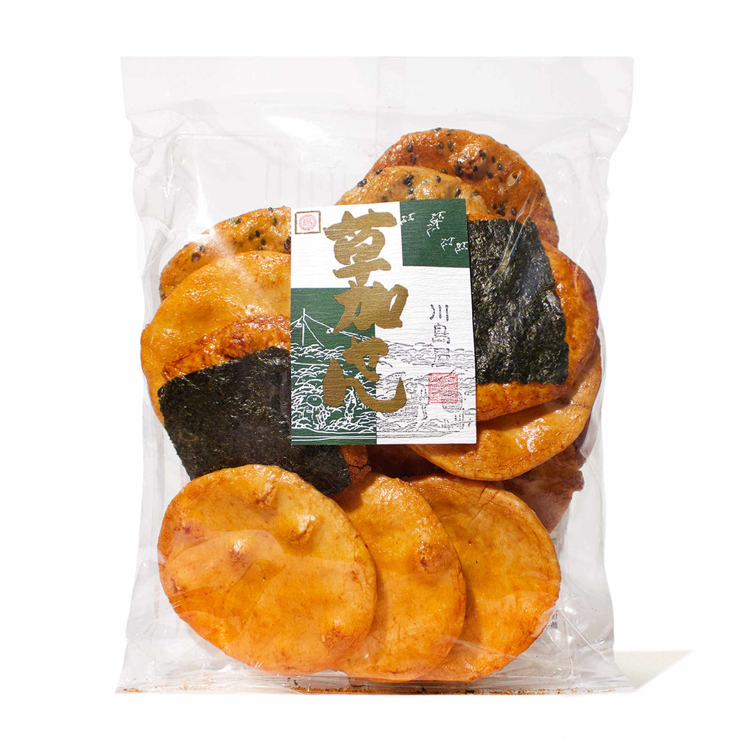 Kawashimaya Large Assorted Senbei Rice Crackers in a bag on a white background.