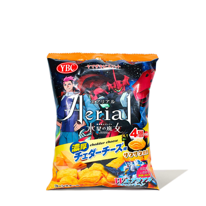 A bag of YBC Aerial Layered 4D Chips: Cheddar Cheese with anime characters on it.