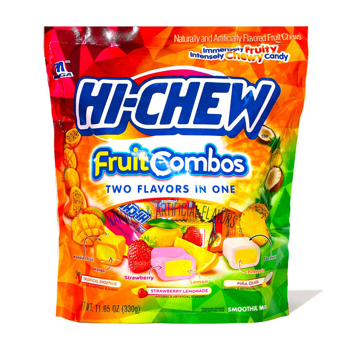A brightly colored package of Morinaga Hi-Chew Large Stand Bag: Fruit Combo Double Layered Tropical chewy candy displaying two flavor varieties.