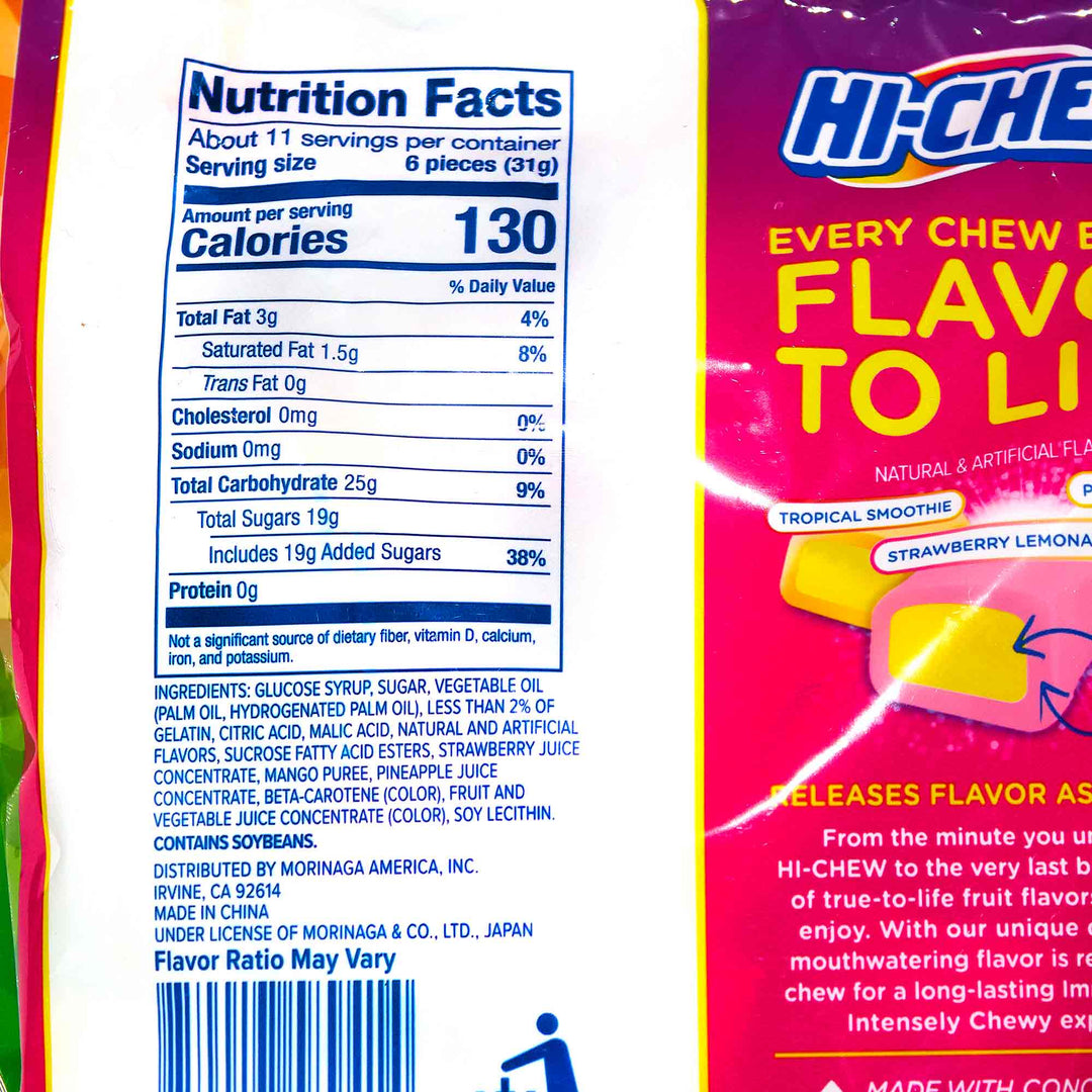 Nutrition label and packaging of Morinaga Hi-Chew Large Stand Bag: Fruit Combo Double Layered Tropical fruit chews with assorted flavors.