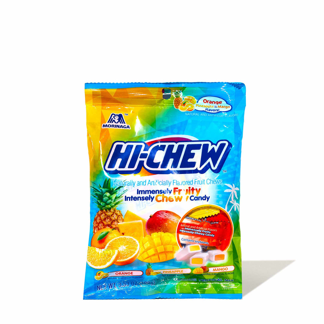 A bag of Morinaga Hi-Chew: Tropical Mix fruit chews on a white background.