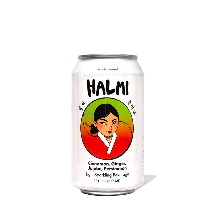 A can of Halmi Light Sparkling Beverage: Persimmon with an image of a woman.