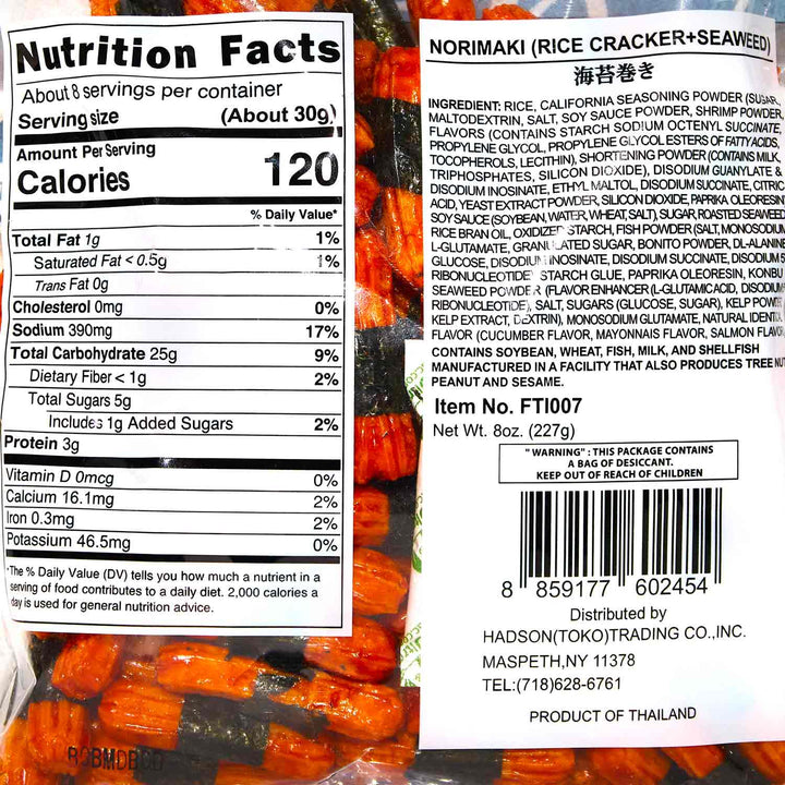 A package of Toko Rice Crackers: California Roll with nutrition facts.