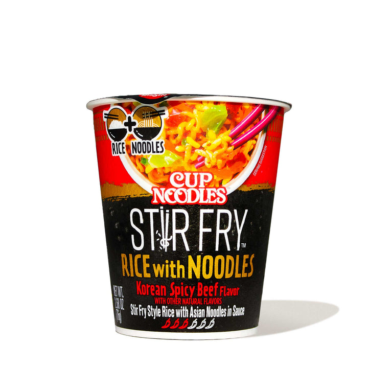 A cup of Nissin Cup Rice & Noodle: Korean Spicy Beef stir fry rice with noodles.