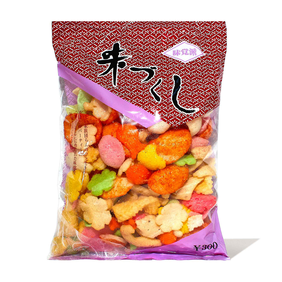 A bag of Wakabato Assorted Rice Crackers: Aji Tsukushi on a white background.