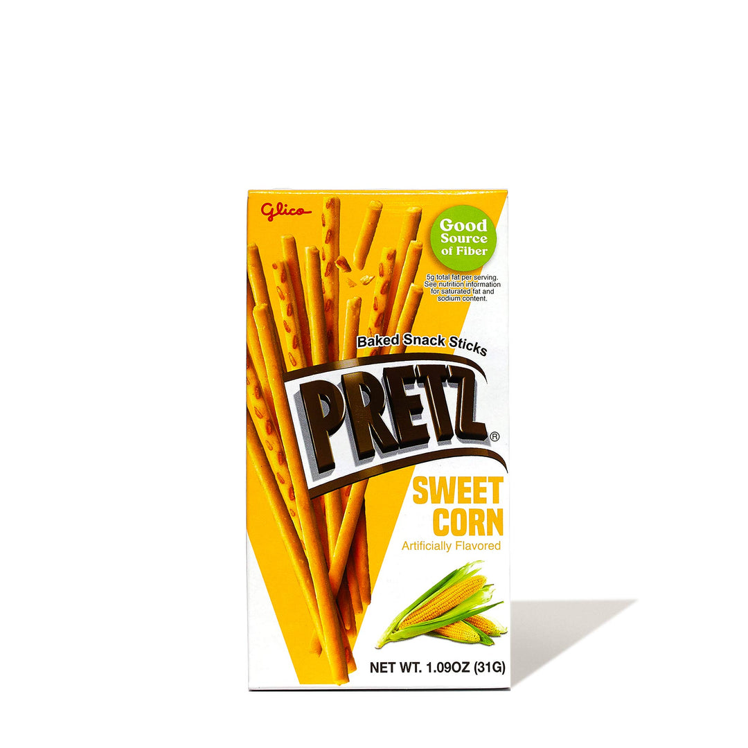 A box of Glico Pretz: Sweet Corn on a white background.