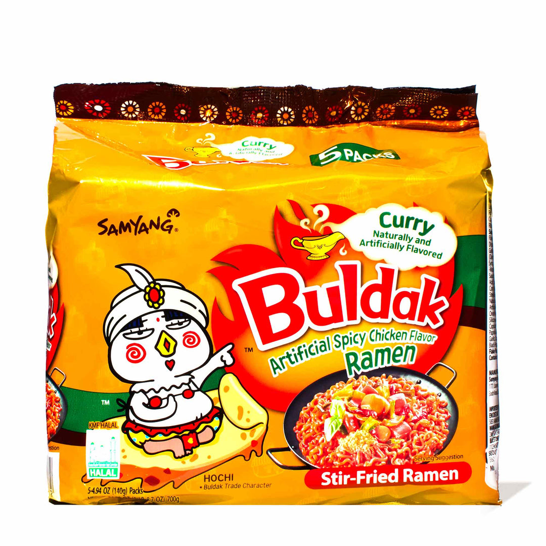 A bag of Samyang Buldak Ramen: Curry (5-pack) on a white background.