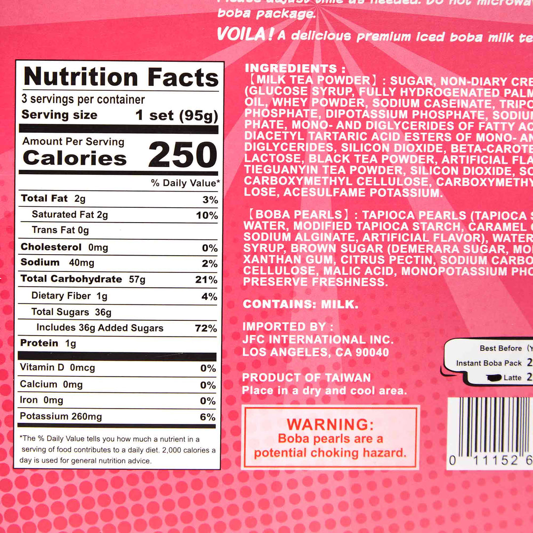 The back of a J-Basket Boba Bubble Tea Kit: Black Tea (3 cups) nutrition label with a pink background.