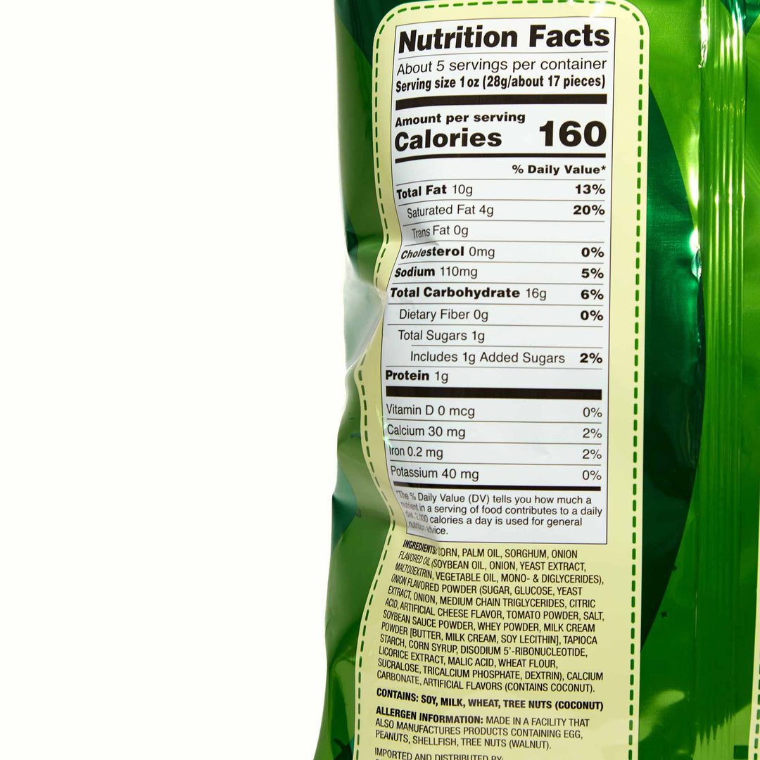 A close up of a bag of Calbee Onion Rings with nutrition facts.